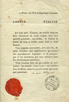 Lot 1204 - TALLEYRAND-PÉRIGORD CHARLES MAURICE DE: (1754-1838)