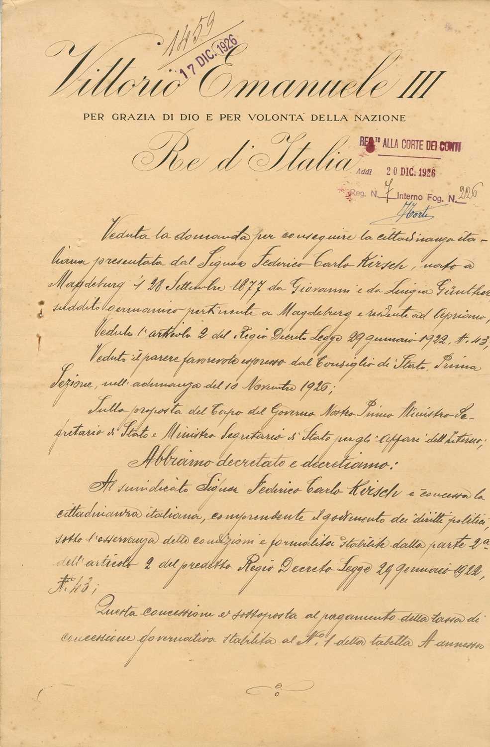 Lot 1104 - MUSSOLINI BENITO: (1883-1945) & VITTORIO EMANUELE III (1869-1947)