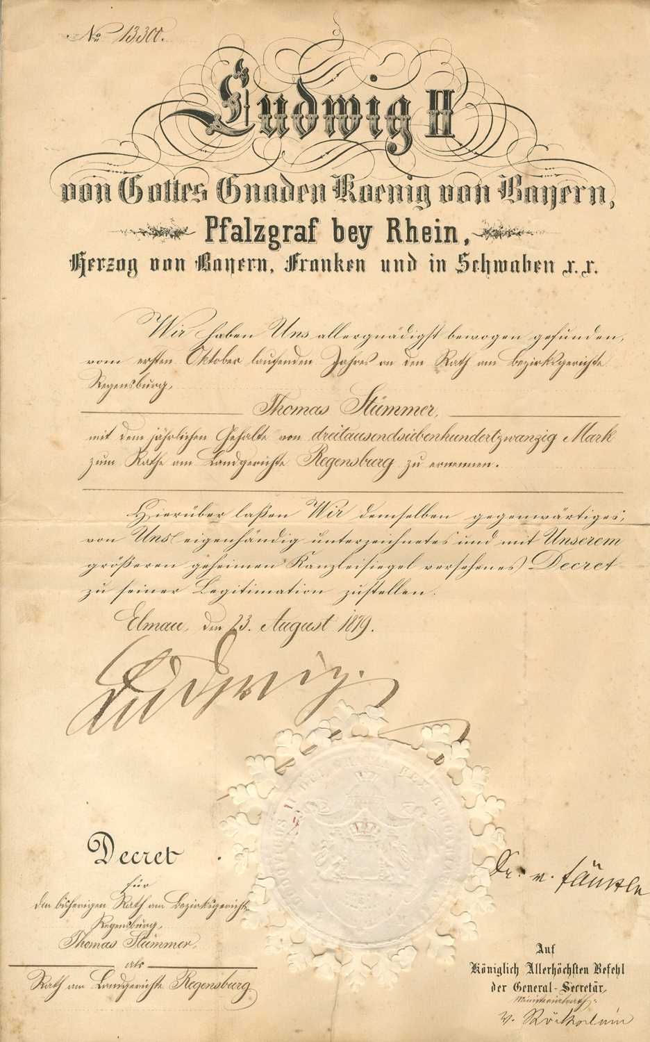 Lot 1592 - LUDWIG II OF BAVARIA: (1845-1886)