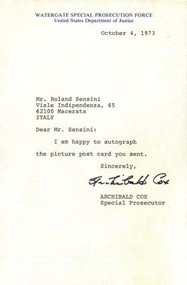 Lot 1710 - [WATERGATE SCANDAL]: COX ARCHIBALD: (1912-2004) (+1)