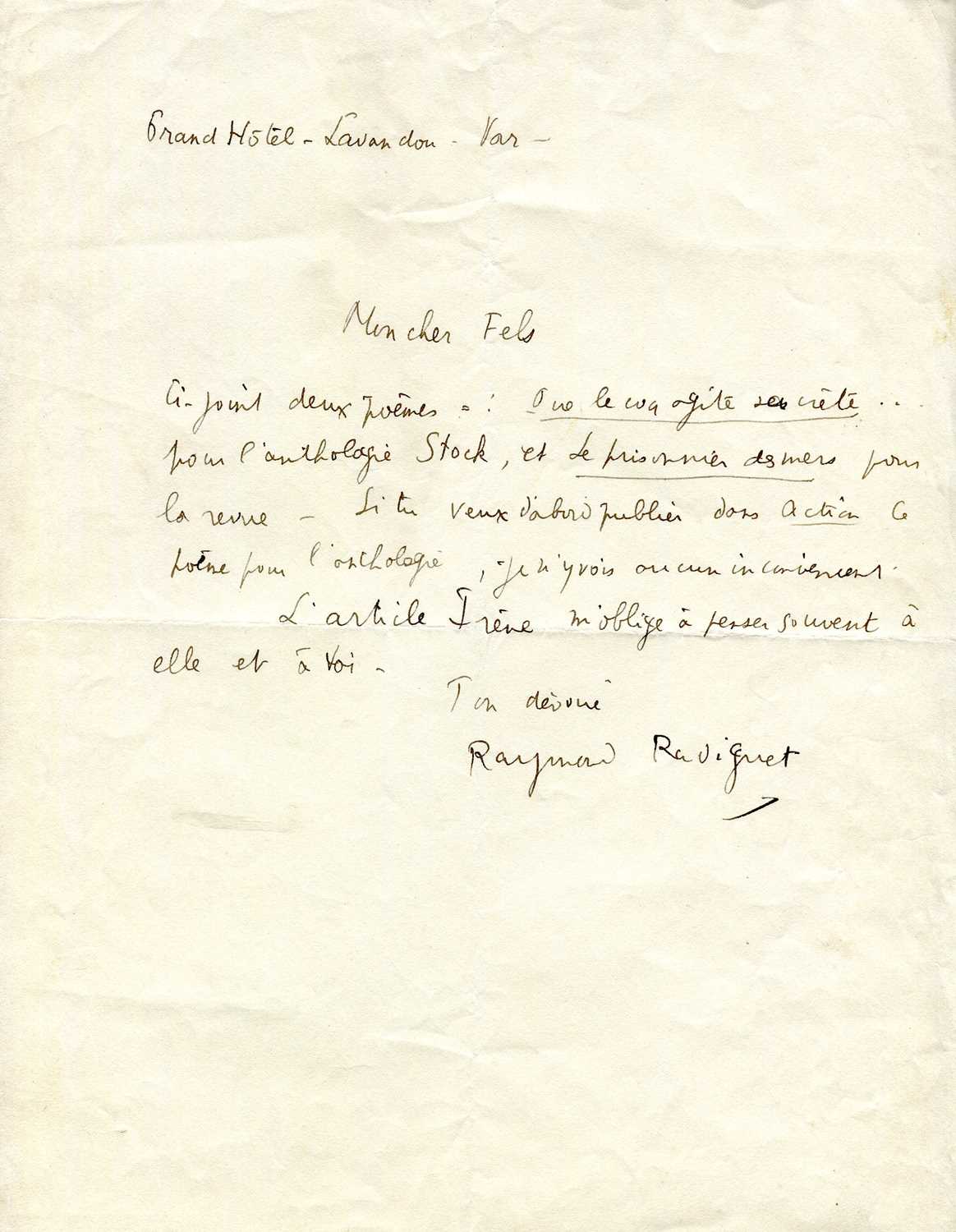 Lot 538 - RADIGUET RAYMOND: (1903-1923) French Novelist...